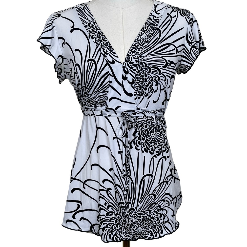 Vintage j.t.b. Floral Empire Waist Blouse Women S White Black Flutter Sleeve Y2K